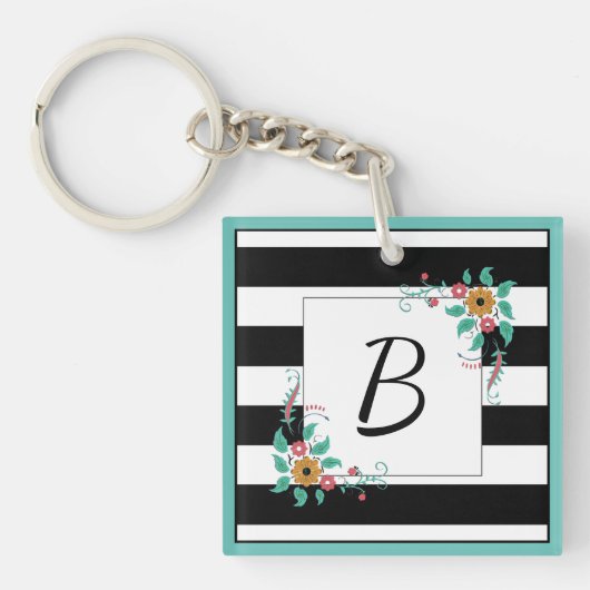 Mondern Black Stripes en Floral Monogram Sleutelhanger (Voorkant)