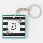 Mondern Black Stripes en Floral Monogram Sleutelhanger (Achterkant)
