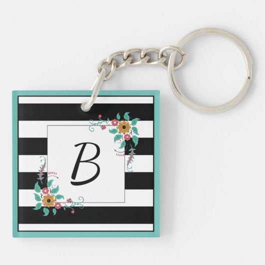Mondern Black Stripes en Floral Monogram Sleutelhanger (Achterkant)