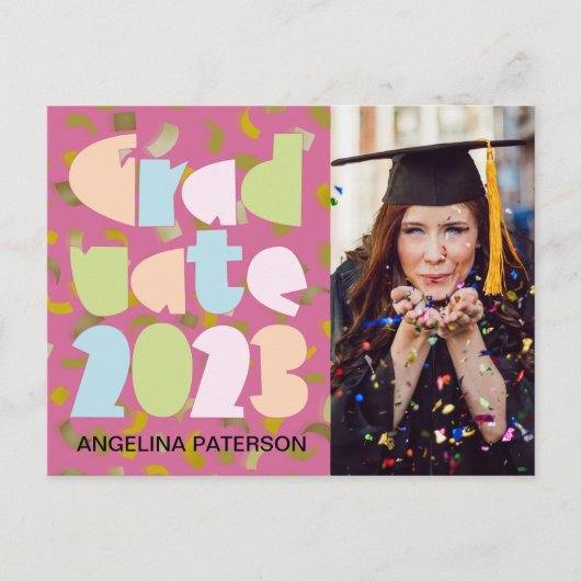Mondern Pastel Afstuderen Foto Confetti Party Uitnodiging Briefkaart (Voorkant)