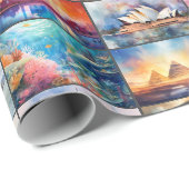 Mondiale bezienswaardigheden in Waterverf Cadeaupapier (Rol Hoek)