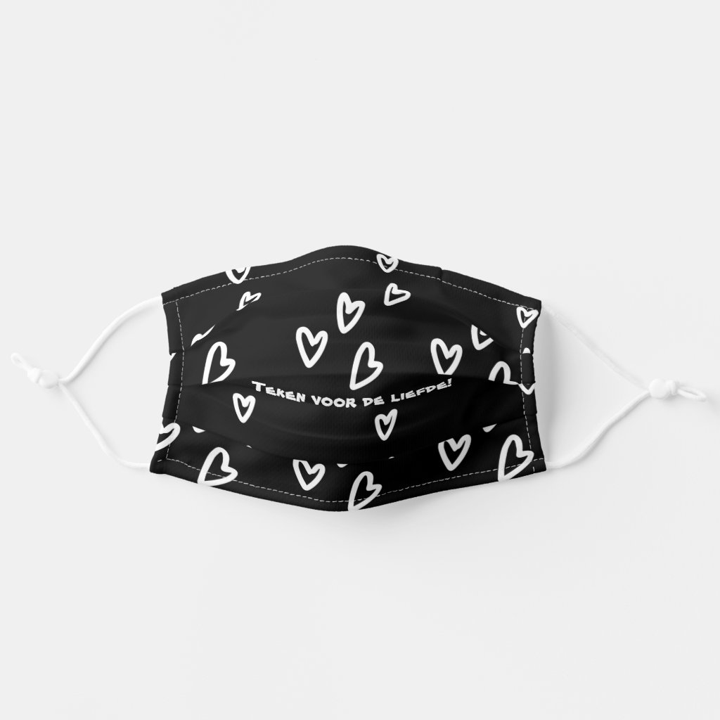 gepersonaliseerde mondmaskers voor huwelijk 'teken voor de liefde' zwart katoen met witte hartjes