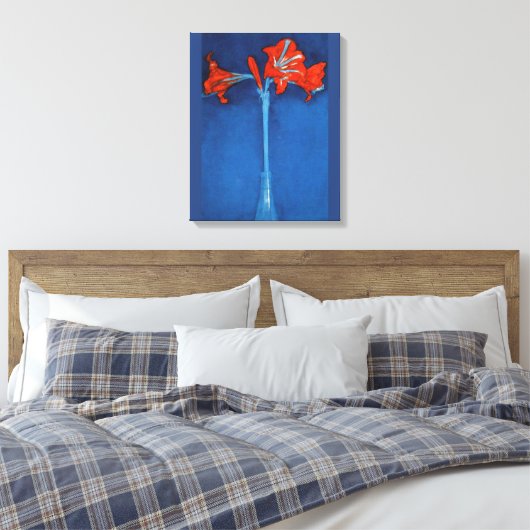 Mondriaan - Amaryllis op blauwe achtergrond Canvas Afdruk (Insitu (Slaapkamer))
