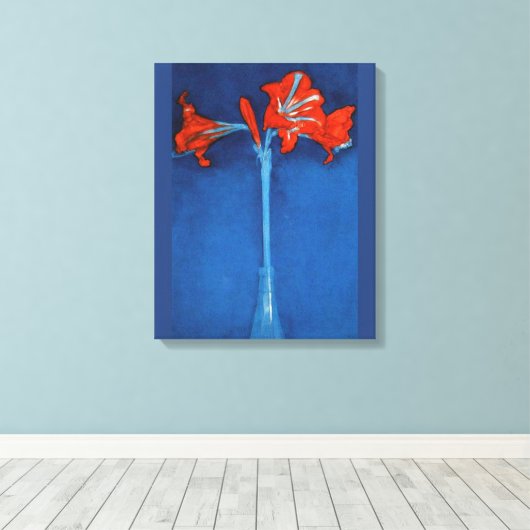 Mondriaan - Amaryllis op blauwe achtergrond Canvas Afdruk (Insitu (Houten vloer))