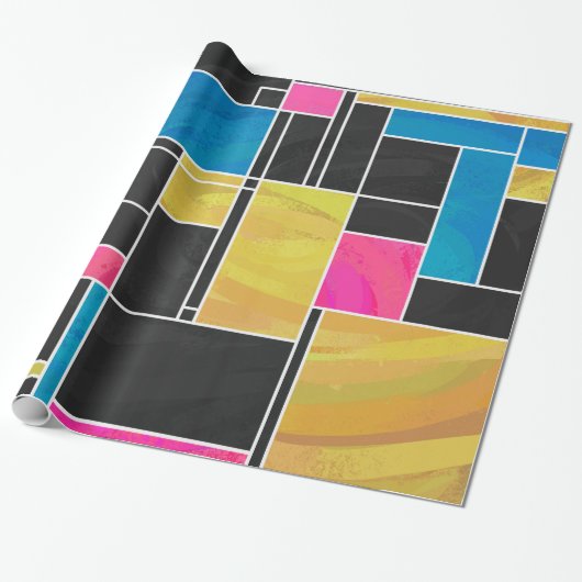 Mondriaan Blauw Roze Zwart afdrukken Cadeaupapier (Uitgerold)