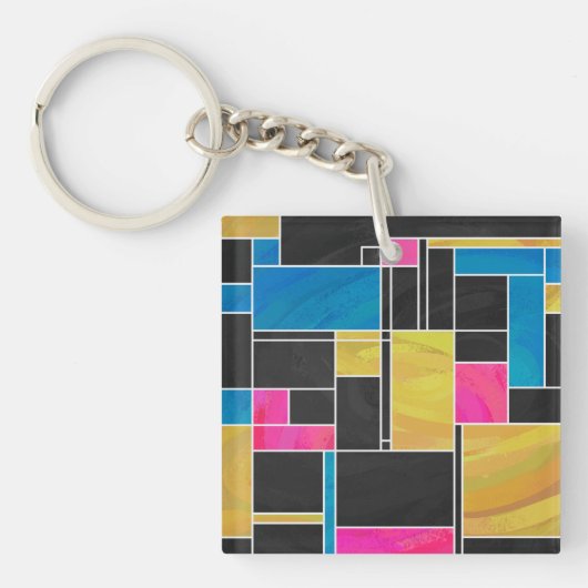 Mondriaan Blauw Roze Zwart afdrukken Sleutelhanger (Voorkant)