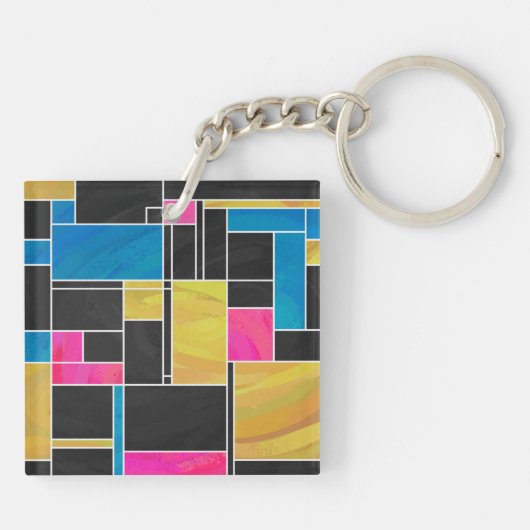 Mondriaan Blauw Roze Zwart afdrukken Sleutelhanger (Achterkant)