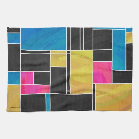 Mondriaan Blauw Roze Zwart afdrukken Theedoek (Horizontaal)