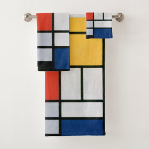Mondriaan Compositie Rood Geel Blauw Zwart Bad Handdoek