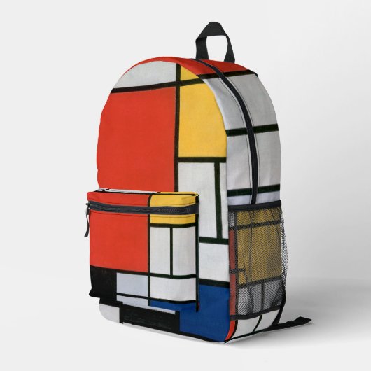 Mondriaan Compositie Rood Geel Blauw Zwart Bedrukte Rugzak (Achterkant Hoek Rechts)