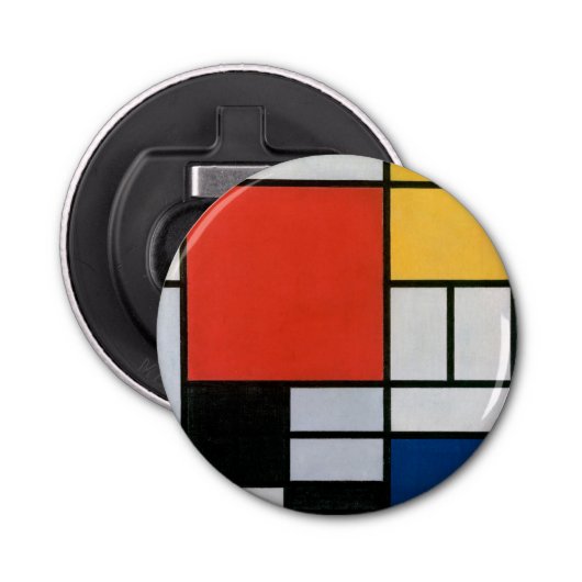 Mondriaan Compositie Rood Geel Blauw Zwart Button Flesopener (Voorkant)