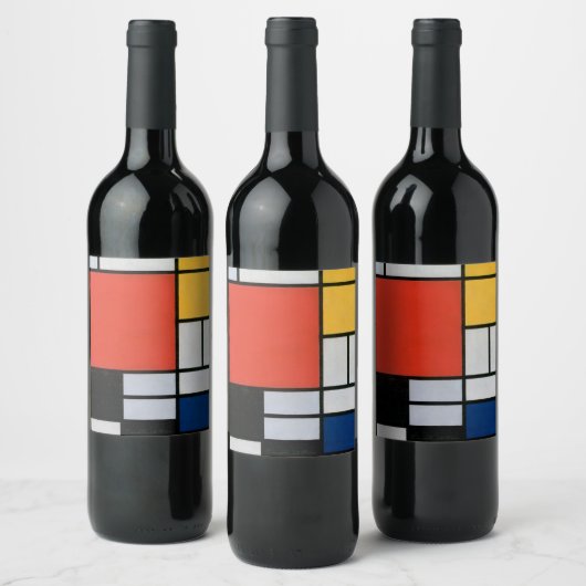 Mondriaan Compositie Rood Geel Blauw Zwart Wijn Etiket (Flessen)