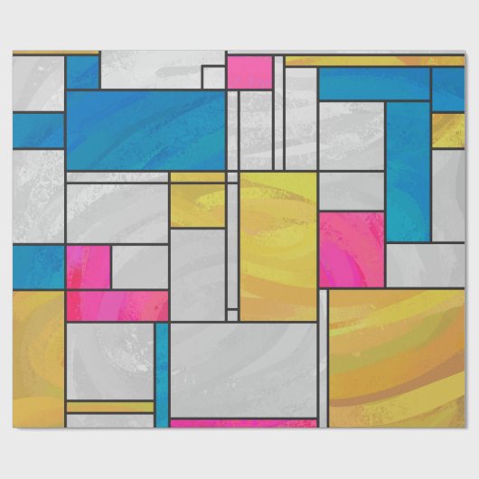 Mondriaan Geel Roze Blauw Afdrukken Cadeaupapier (Vlak)