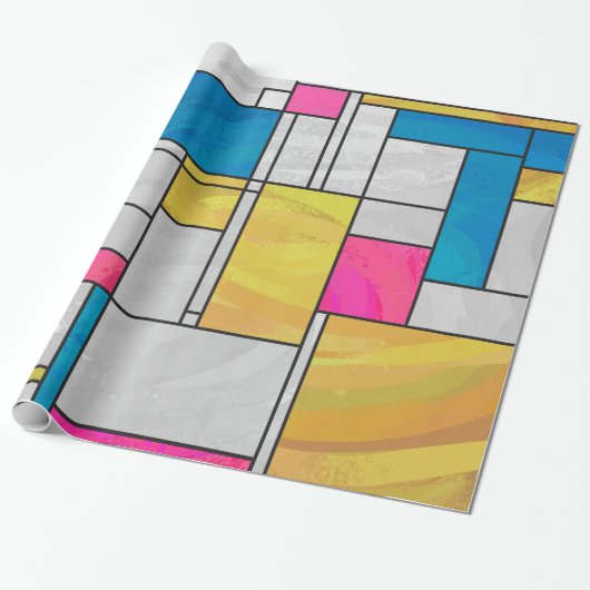 Mondriaan Geel Roze Blauw Afdrukken Cadeaupapier (Uitgerold)