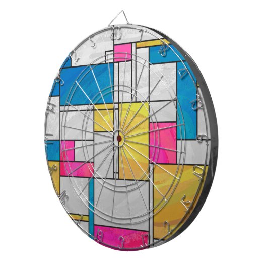 Mondriaan Geel Roze Blauw Afdrukken Dartbord (Voorkant Rechts)