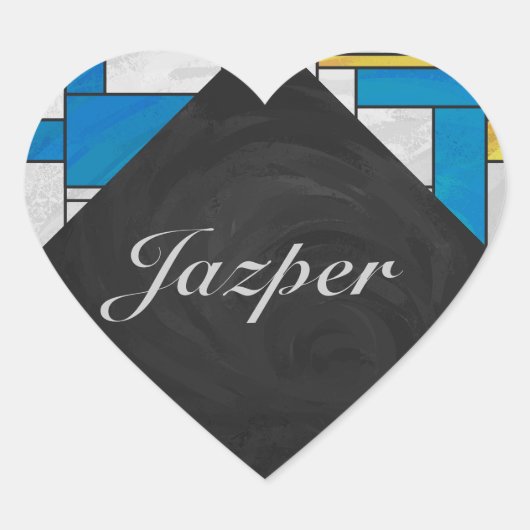 Mondriaan Geel Roze Blauw Afdrukken Hart Sticker (Voorkant)