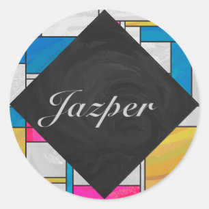 Mondriaan Geel Roze Blauw Afdrukken Ronde Sticker