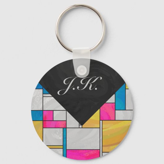 Mondriaan Geel Roze Blauw Afdrukken Sleutelhanger (Voorkant)