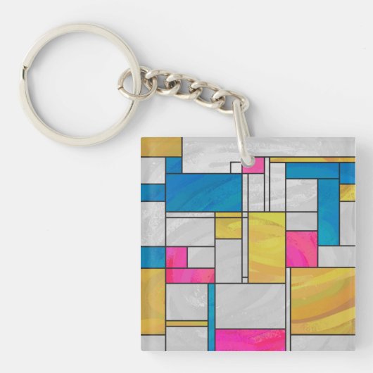 Mondriaan Geel Roze Blauw Afdrukken Sleutelhanger (Voorkant)