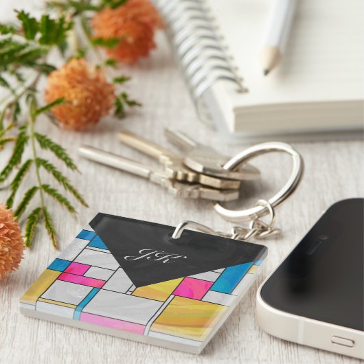 Mondriaan Geel Roze Blauw Afdrukken Sleutelhanger (Voorkant Rechts)