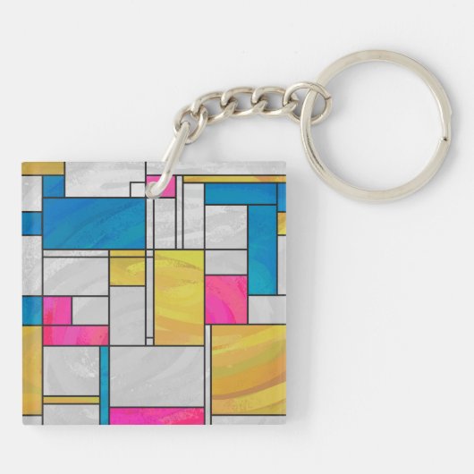 Mondriaan Geel Roze Blauw Afdrukken Sleutelhanger (Achterkant)