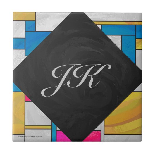 Mondriaan Geel Roze Blauw Afdrukken Tegeltje (Voorkant)