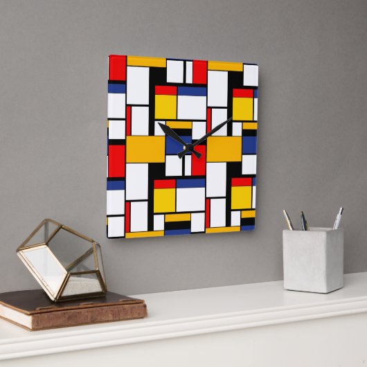 Mondriaan Geometric Minimalist Comopsition Modern Vierkante Klok (Kantoor)