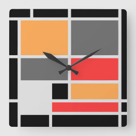 Mondriaan ontwerp oranje rood grijs vierkante klok