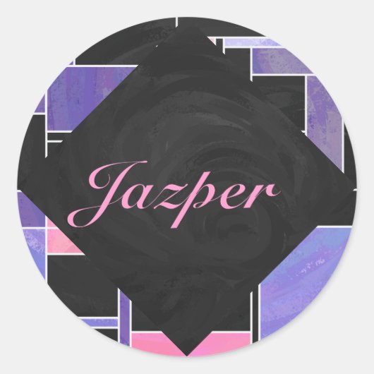 Mondriaan Paarse roze zwart afdrukken Ronde Sticker (Voorkant)