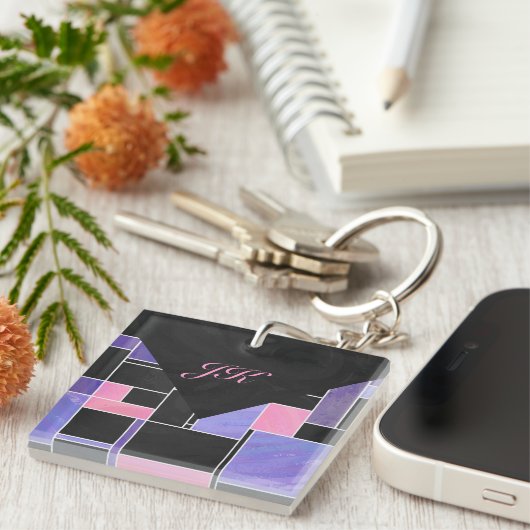 Mondriaan Paarse roze zwart afdrukken Sleutelhanger (Voorkant Rechts)