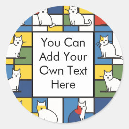 Mondriaan stijl artistieke kat illustratie ronde sticker