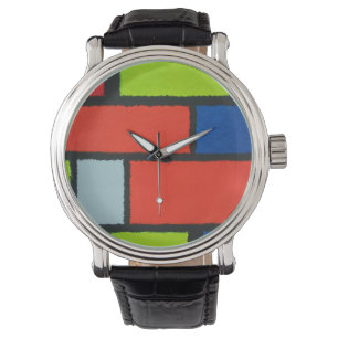 Mondriaan Stijl Oranje Groen Blauw Fuzzy Abstract Horloge