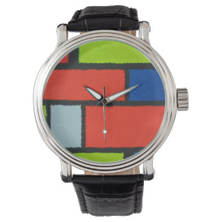 Mondriaan Stijl Oranje Groen Blauw Fuzzy Abstract Horloge