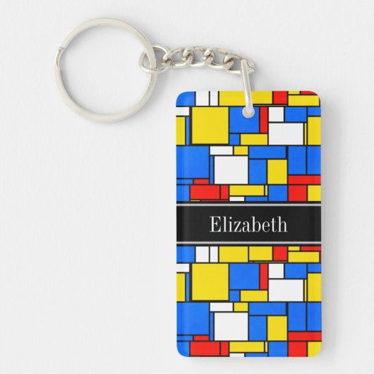 Mondriaan Style Red Blue Yellow Black Monogram Sleutelhanger (Voorkant)