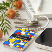 Mondriaan Style Red Blue Yellow Black Monogram Sleutelhanger (Voorkant Rechts)