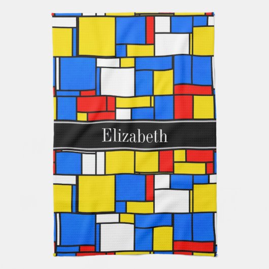 Mondriaan Style Red Blue Yellow Black Monogram Theedoek (Verticaal)