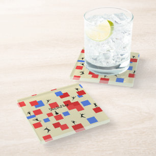 Mondriaan's dansende kubussen Blue Red Light Backg Glazen Onderzetter