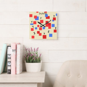 Mondriaan's dansende kubussen Blue Red Light Backg Vierkante Klok