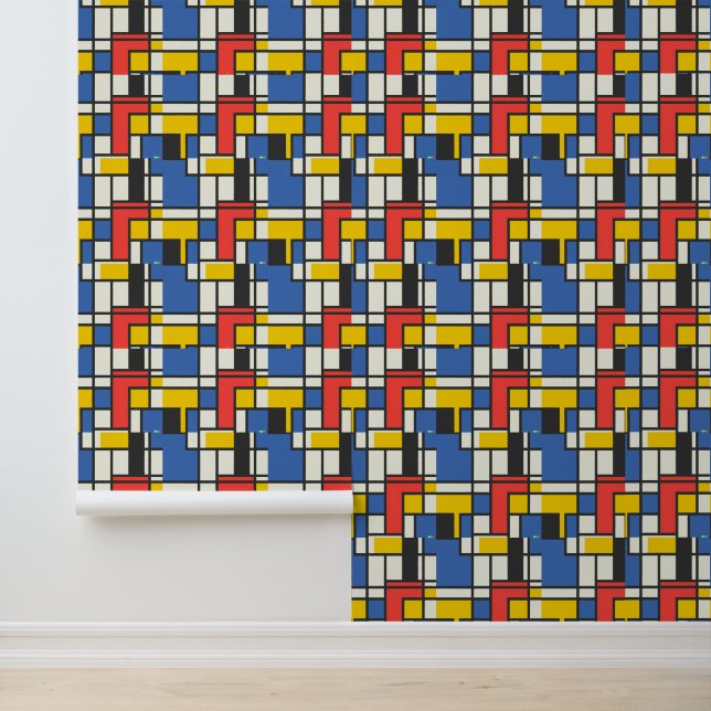Mondriaanstijl kleurblokken behang (Applicatie)