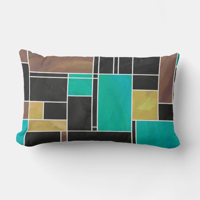 Mondrian Blauwgroen Brown Black Print Kussen (Voorkant)