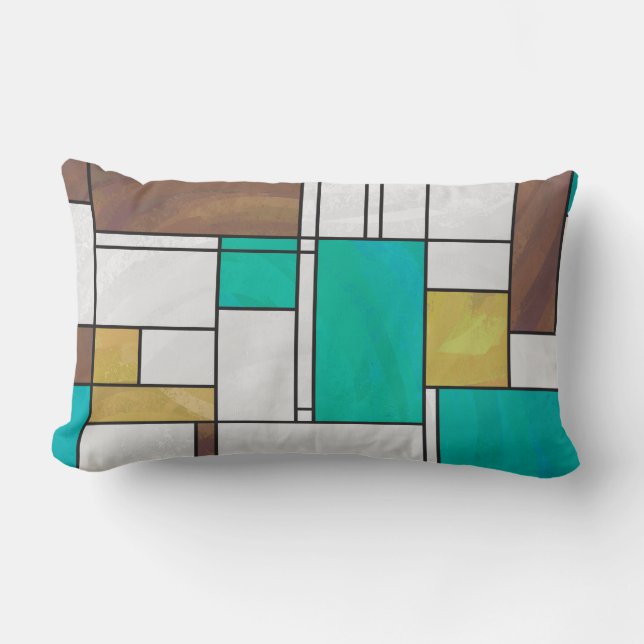 Mondrian Brown Yellow Blauwgroen Print Kussen (Voorkant)
