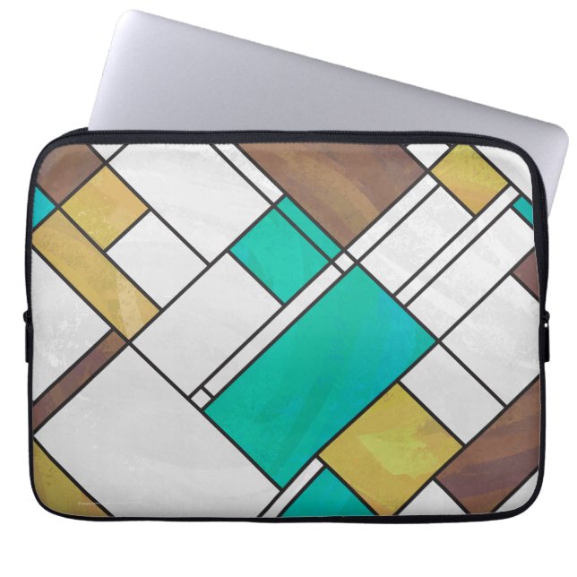 Mondrian Brown Yellow Blauwgroen Print Laptop Sleeve (Voorkant)