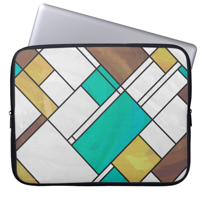 Mondrian Brown Yellow Blauwgroen Print Laptop Sleeve (Voorkant)