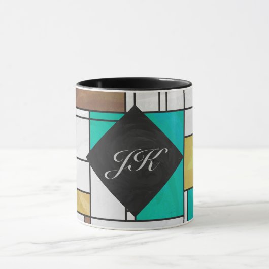 Mondrian Brown Yellow Blauwgroen Print Mok (Midden)