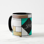 Mondrian Brown Yellow Blauwgroen Print Mok (Voorkant links)