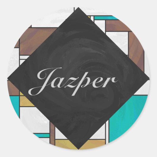 Mondrian Brown Yellow Blauwgroen Print Ronde Sticker (Voorkant)