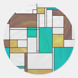 Mondrian Brown Yellow Blauwgroen Print Ronde Sticker