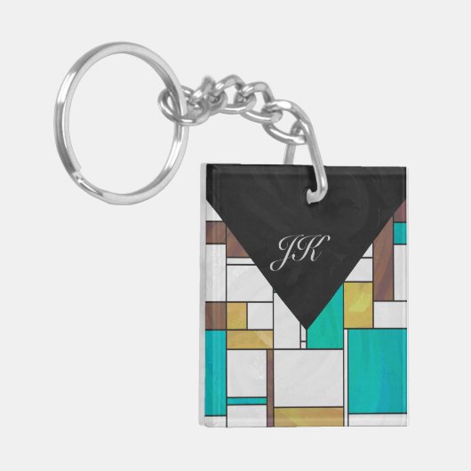 Mondrian Brown Yellow Blauwgroen Print Sleutelhanger (Voorkant Links)