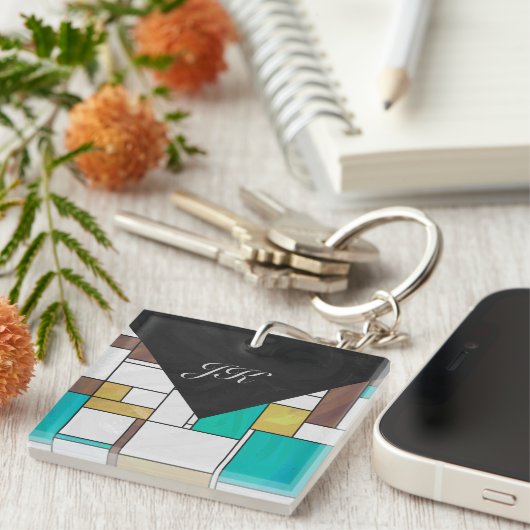 Mondrian Brown Yellow Blauwgroen Print Sleutelhanger (Voorkant Rechts)