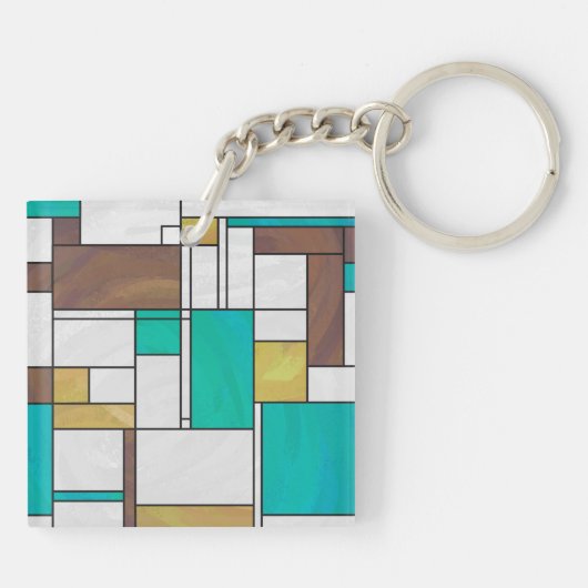 Mondrian Brown Yellow Blauwgroen Print Sleutelhanger (Achterkant)